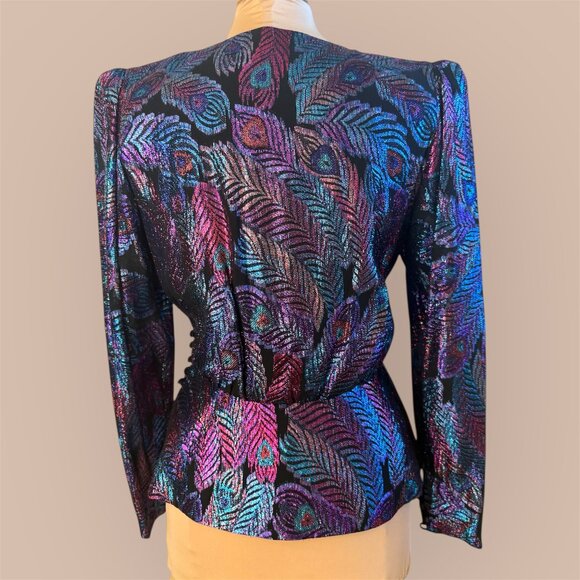 RARE vintage 1980's Rimini peacock Rayon and Metallic wrap top - Picture 2 of 8